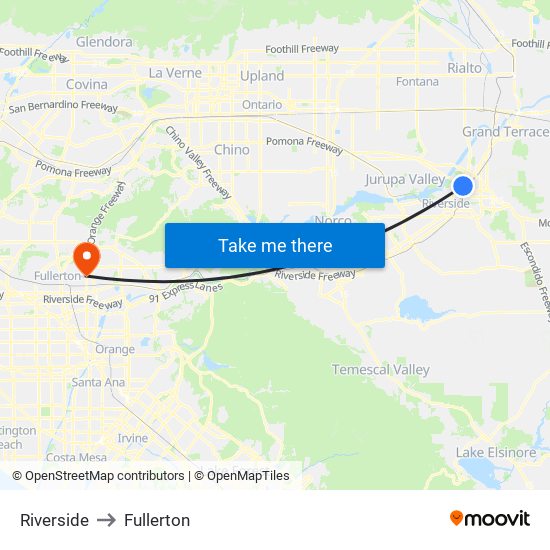 Riverside to Fullerton map