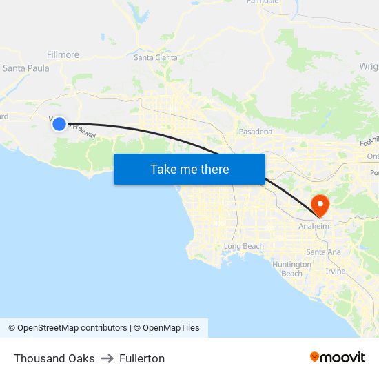 Thousand Oaks to Fullerton map