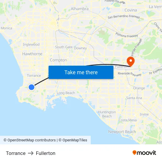 Torrance to Fullerton map