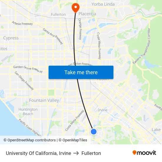 University Of California, Irvine to Fullerton map
