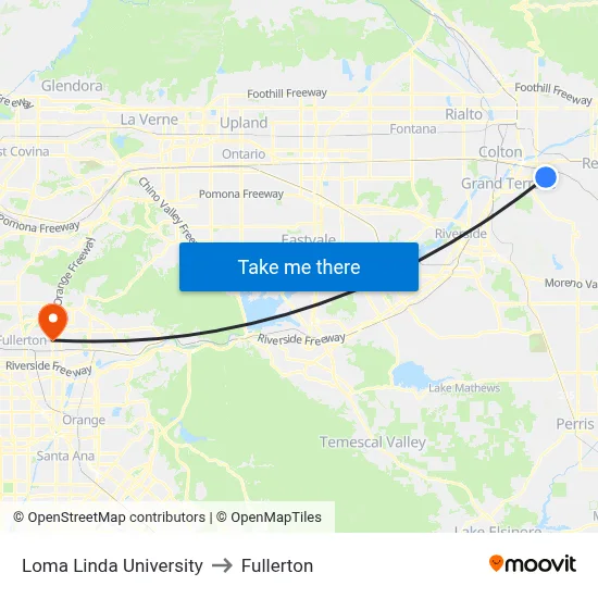 Loma Linda University to Fullerton map