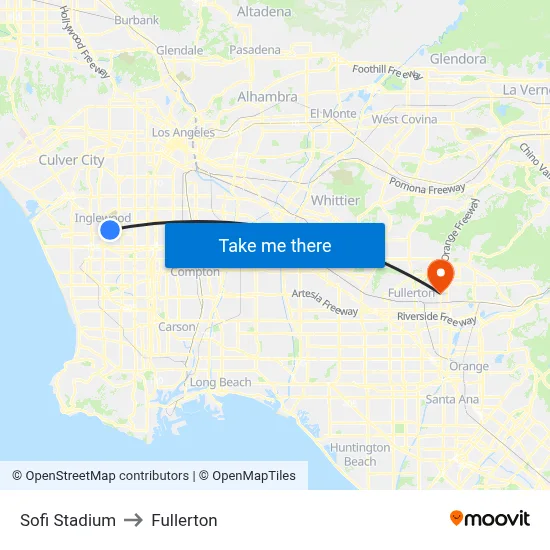 Sofi Stadium to Fullerton map