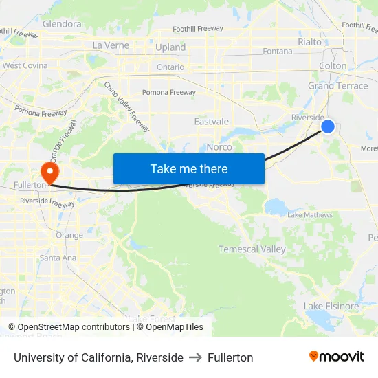 University of California, Riverside to Fullerton map