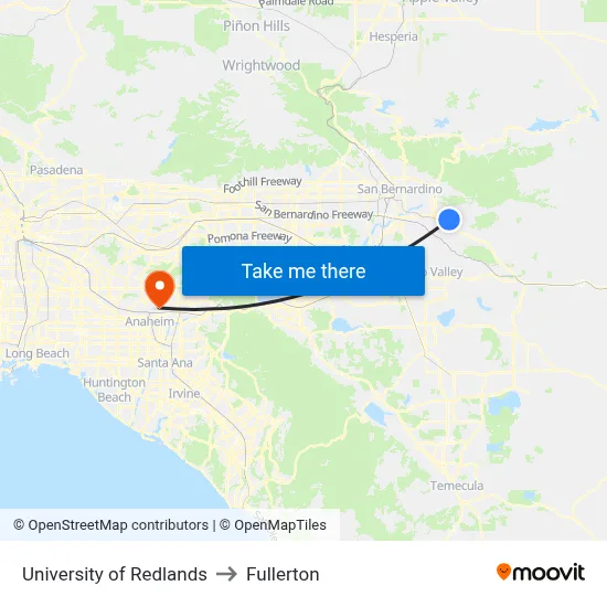 University of Redlands to Fullerton map