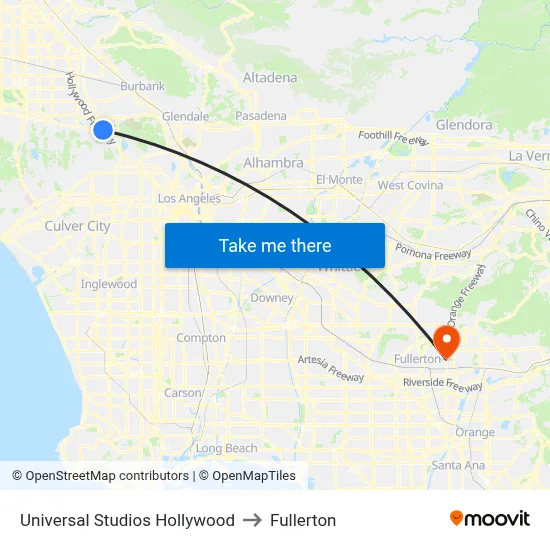 Universal Studios Hollywood to Fullerton map
