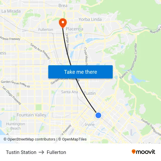 Tustin Station to Fullerton map