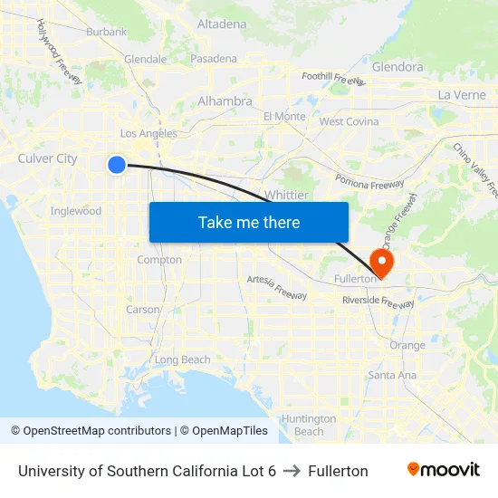 University of Southern California Lot 6 to Fullerton map