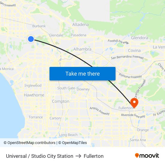Universal / Studio City Station to Fullerton map