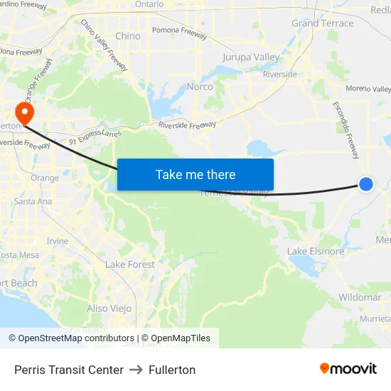 Perris Transit Center to Fullerton map