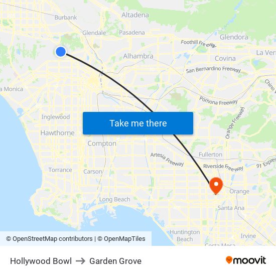 Hollywood Bowl to Garden Grove map