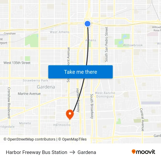 Harbor Freeway Bus Station to Gardena map