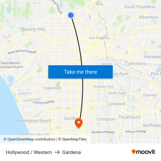 Hollywood / Western to Gardena map