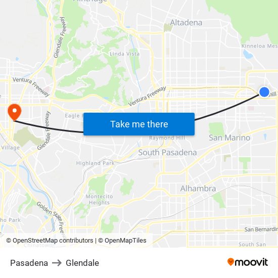 Pasadena to Glendale map