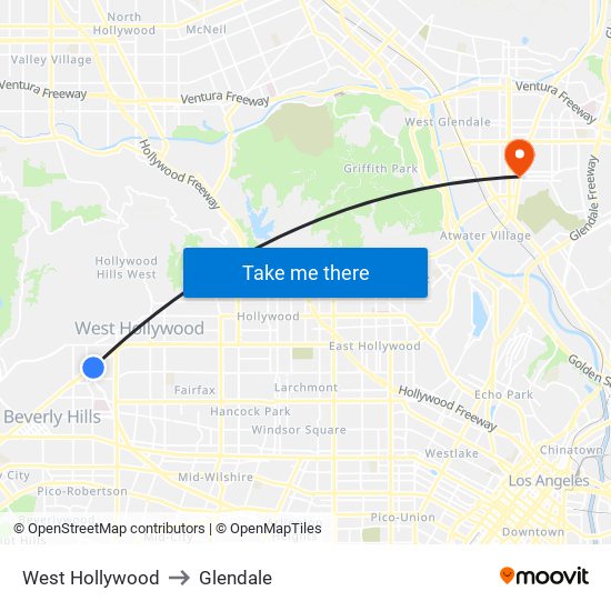 West Hollywood to Glendale map
