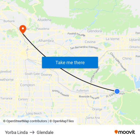 Yorba Linda to Glendale map