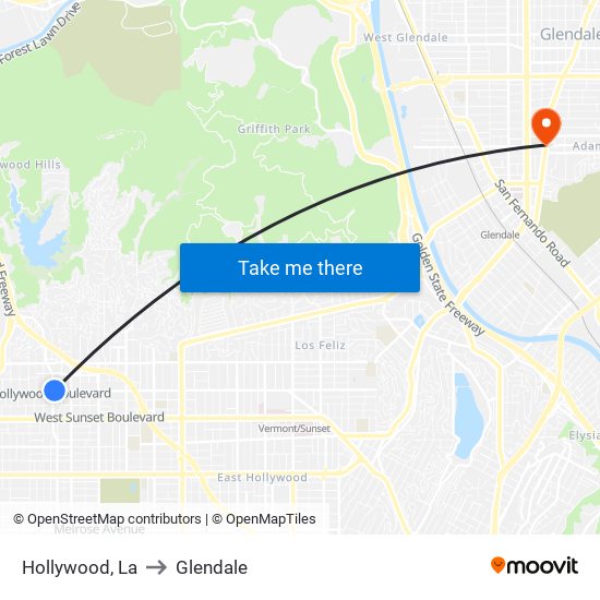 Hollywood, La to Glendale map