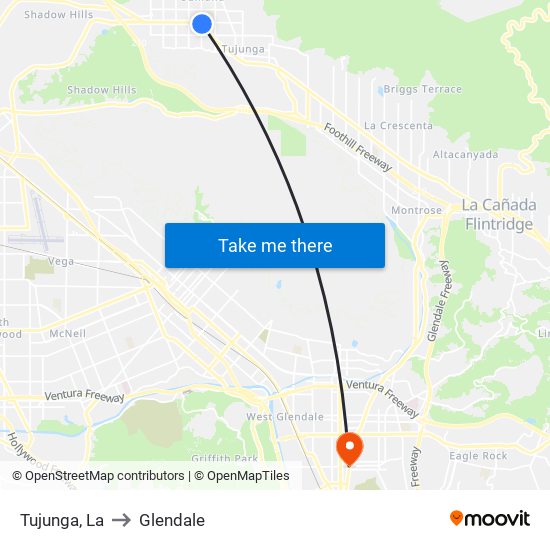 Tujunga, La to Glendale map