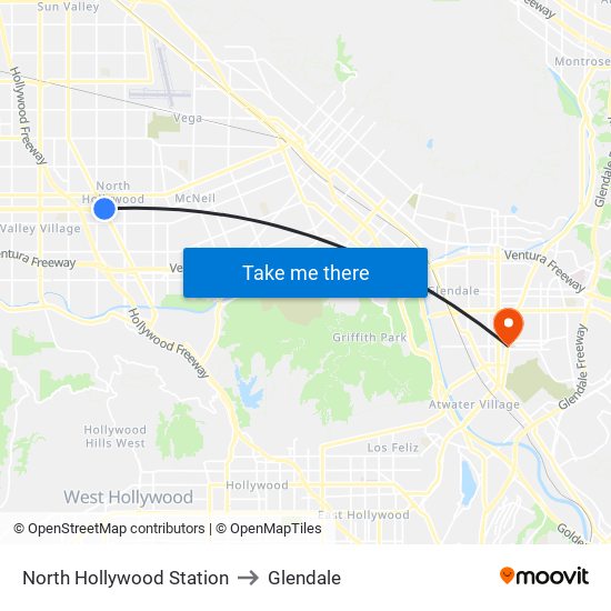 North Hollywood Station to Glendale map