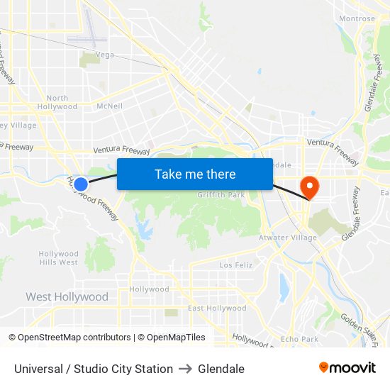 Universal / Studio City Station to Glendale map