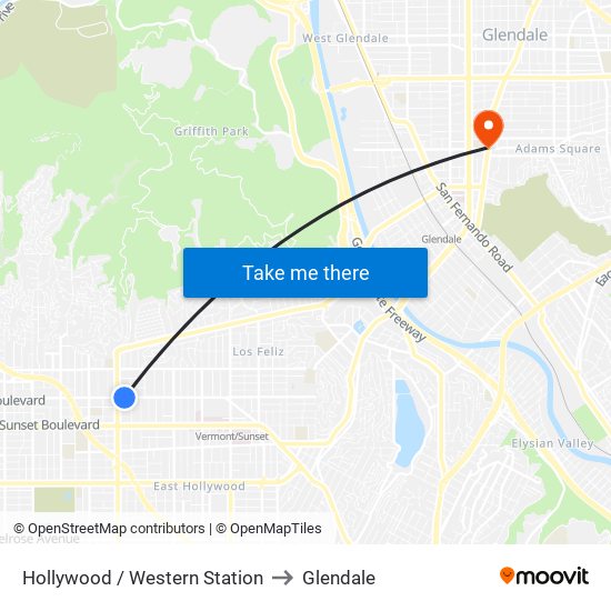 Hollywood / Western Station to Glendale map