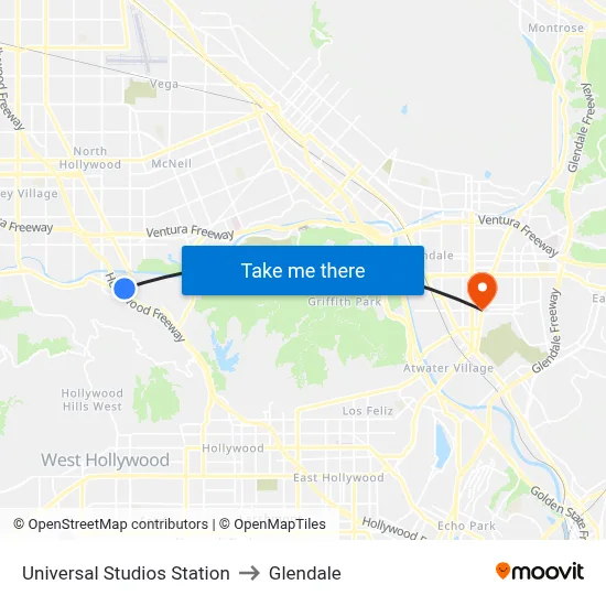 Universal Studios Station to Glendale map