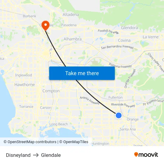 Disneyland to Glendale map