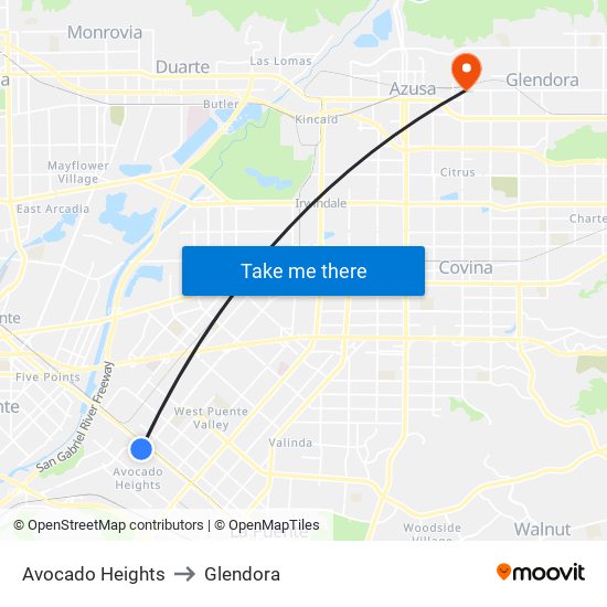 Avocado Heights to Glendora map