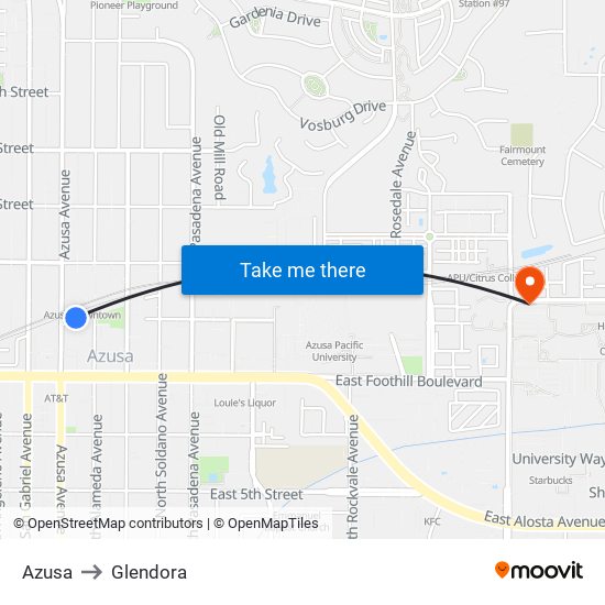 Azusa to Glendora map