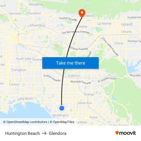 Huntington Beach to Glendora map