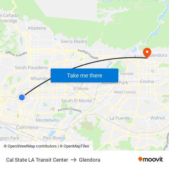 Cal State LA Transit Center to Glendora map