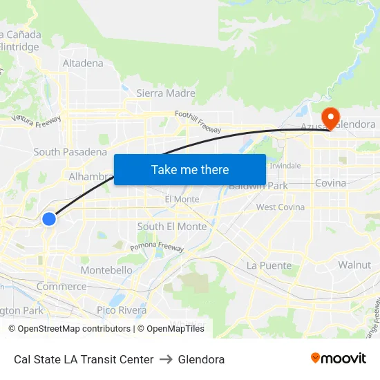 Cal State LA Transit Center to Glendora map