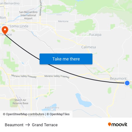 Beaumont to Grand Terrace map