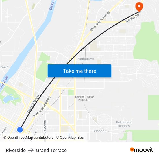 Riverside to Grand Terrace map