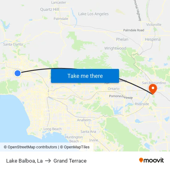 Lake Balboa to Grand Terrace map