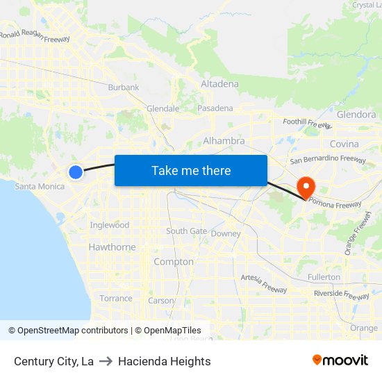 Century City, La to Hacienda Heights map