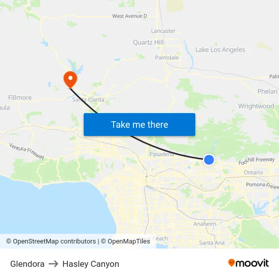 Glendora to Hasley Canyon map