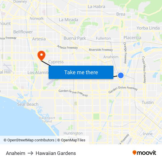 Anaheim to Hawaiian Gardens map
