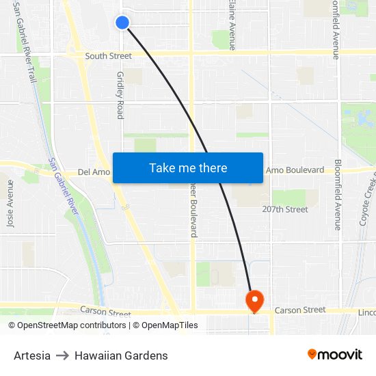 Artesia to Hawaiian Gardens map