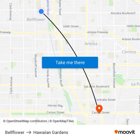 Bellflower to Hawaiian Gardens map