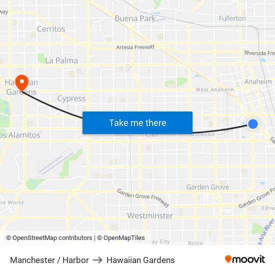 Manchester / Harbor to Hawaiian Gardens map