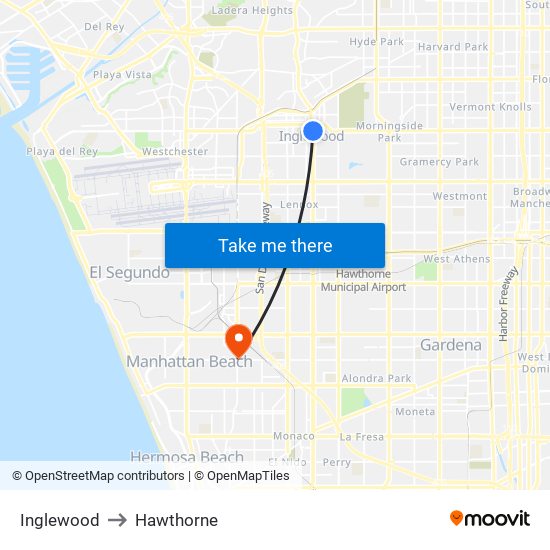 Inglewood to Hawthorne map