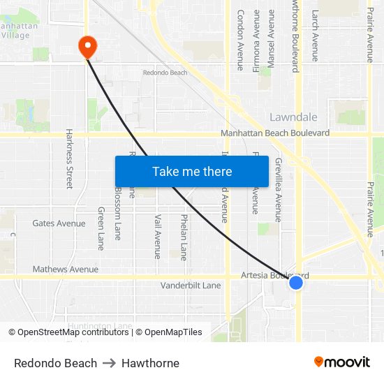 Redondo Beach to Hawthorne map