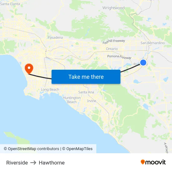 Riverside to Hawthorne map
