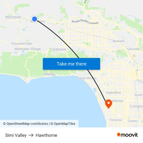 Simi Valley to Hawthorne map