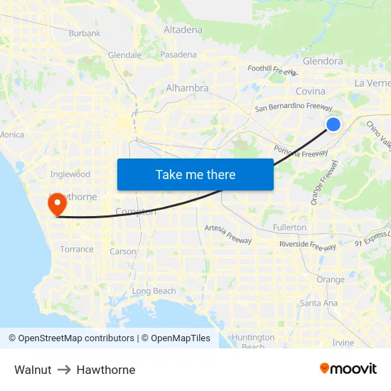 Walnut to Hawthorne map