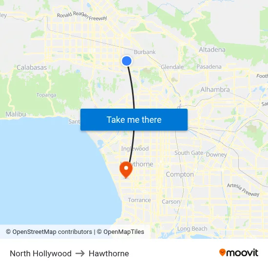 North Hollywood to Hawthorne map