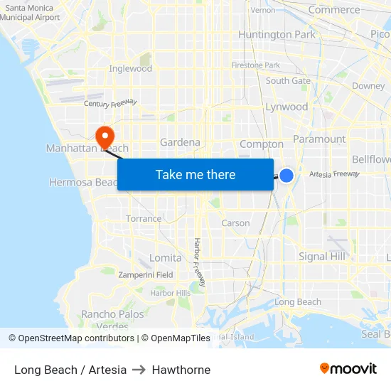Long Beach / Artesia to Hawthorne map