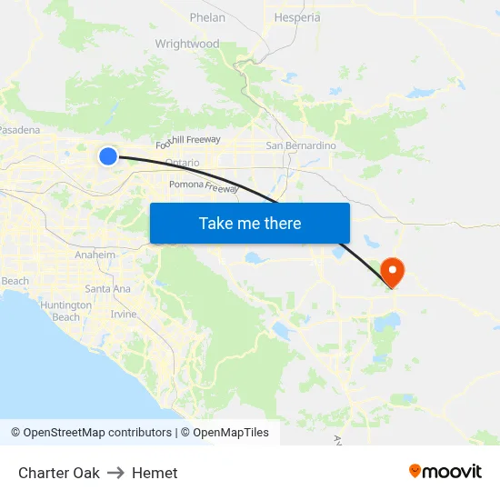 Charter Oak to Hemet map