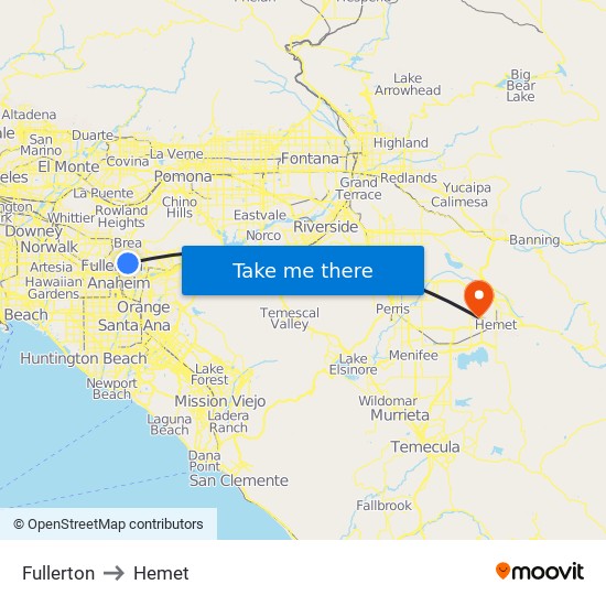 Fullerton to Hemet map