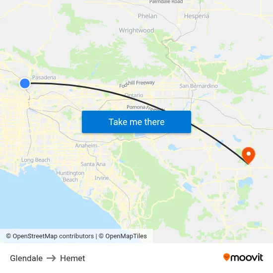 Glendale to Hemet map